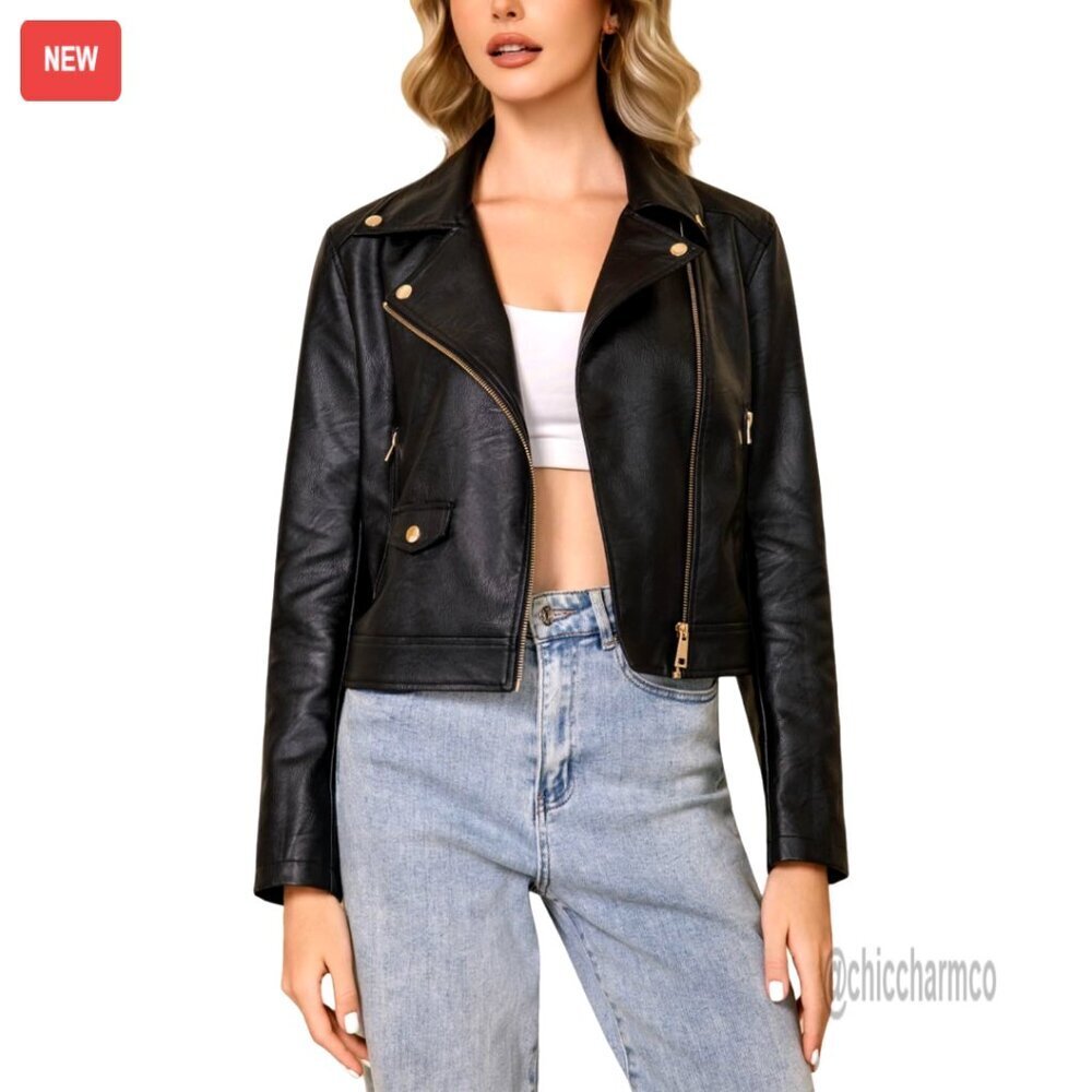PU Faux Leather Cropped Moto Biker Jacket Slim Fit Zip Up Women's Coat